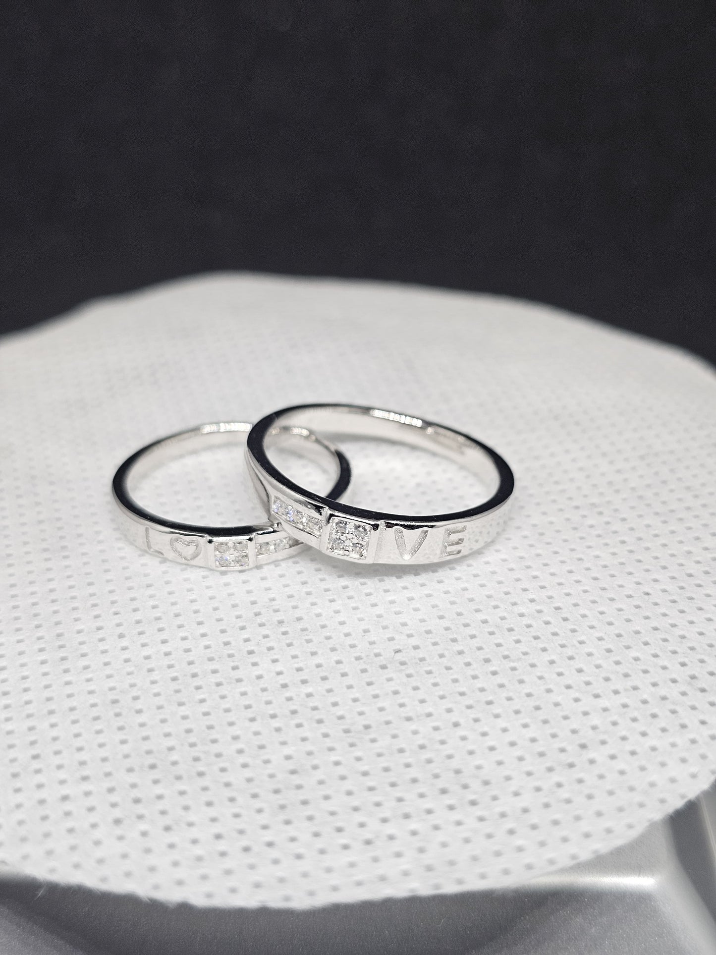 "Love" Message Silver Couple Band RIngs with CZ Detail