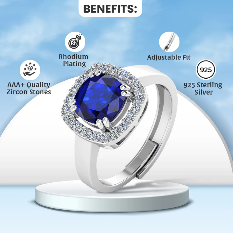 Blue Solitaire Sapphire and Diamond Halo Ring
