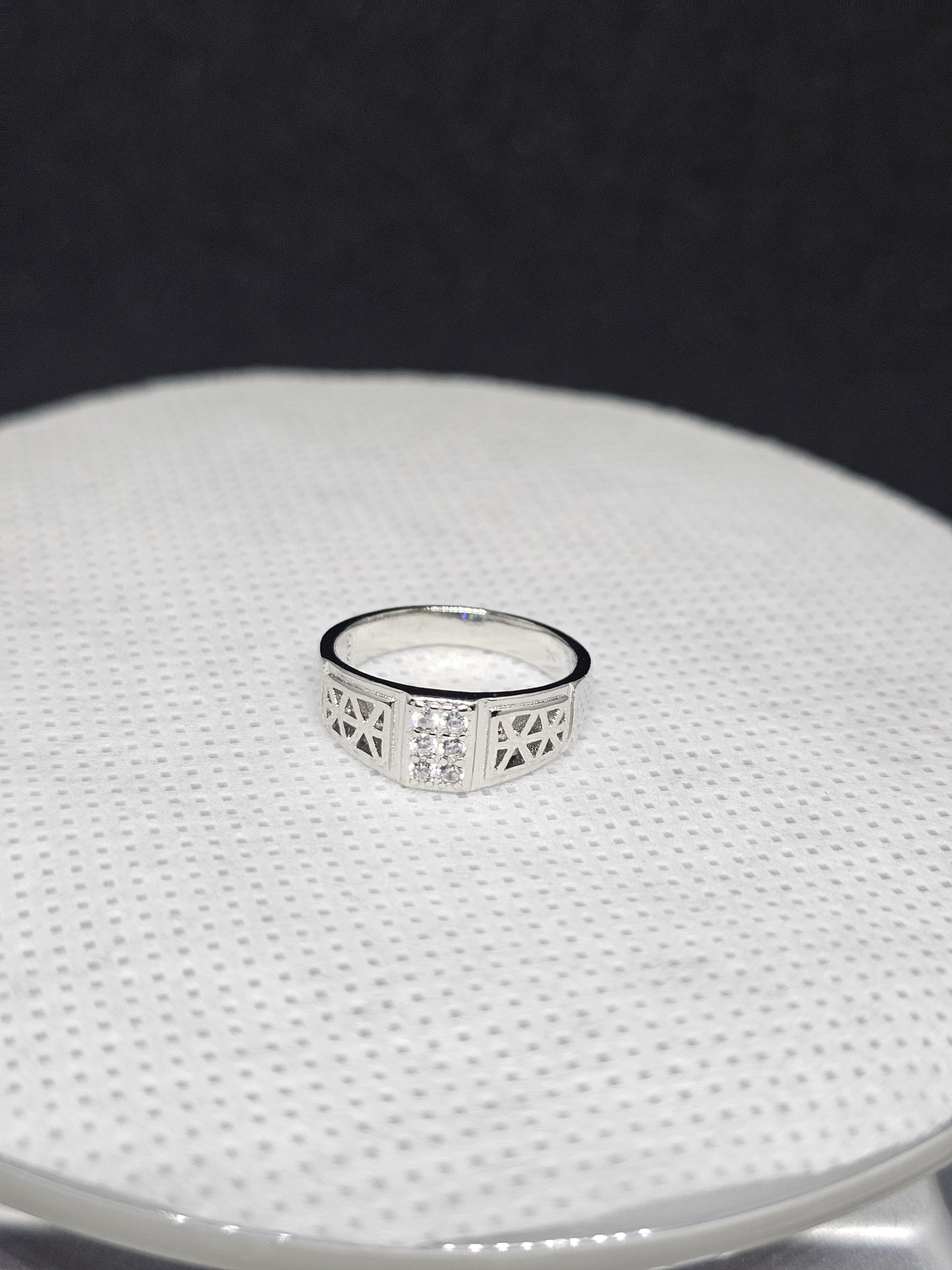 Geometric Pattern Sterling Silver Men's Ring with CZ Accents