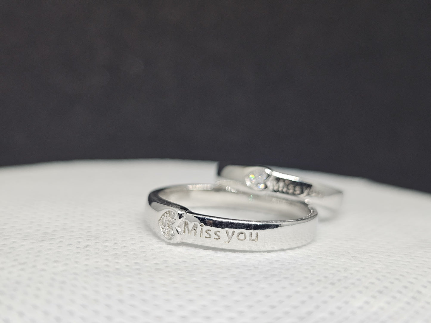 "Miss You" Engraved Silver Couple Rings with CZ Accent
