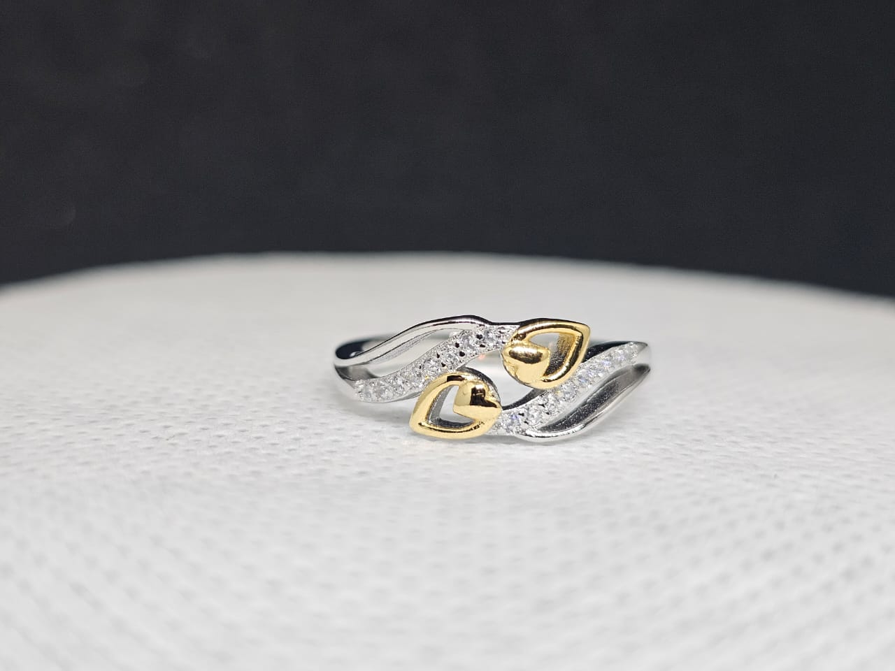 Pure Sterling Silver Bypass Ring with Gold Hearts & Crystal Accents