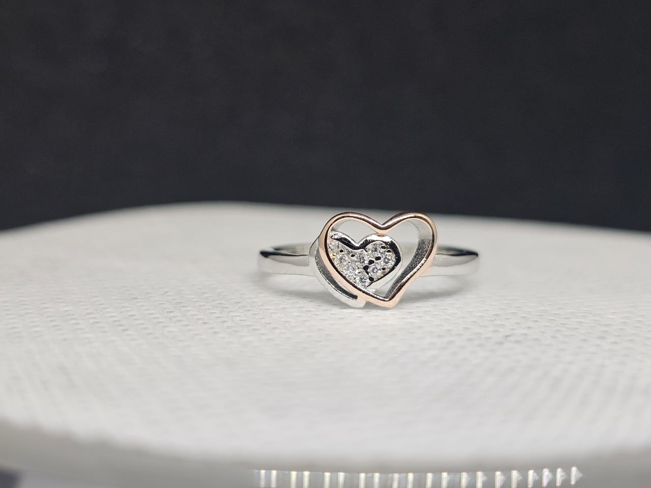 Sterling Silver & Rose Gold Double Heart Ring with CZ Sparkle