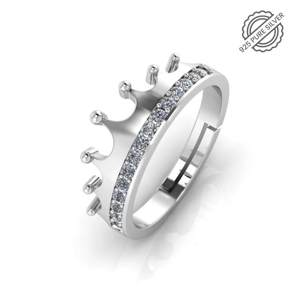 Pure Sterling SIlver Crown Ring - Adjustable Zircon Princess Tiara Ring