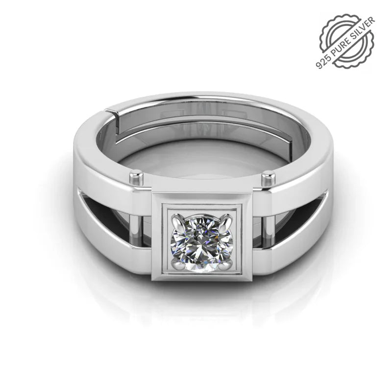 925 Sterling Silver Men's Ring with Bold Cut-Out Design & Solitaire CZ Stones