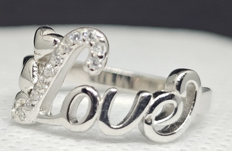 "Love Script" Sterling Silver CZ Ring