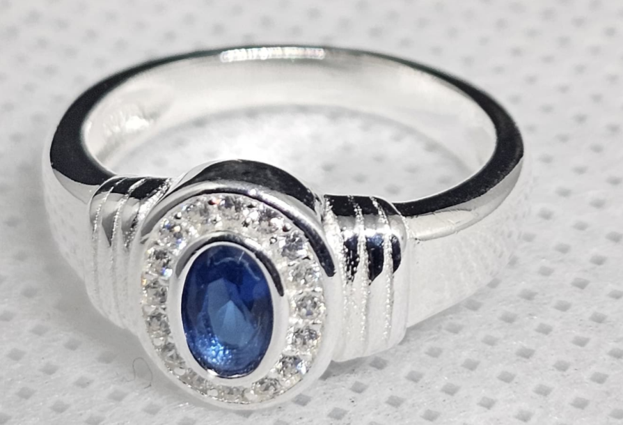 Sterling Silver Sapphire & Cubic Zirconia Halo Ring
