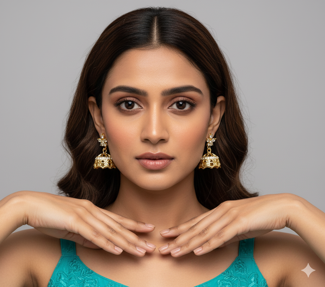 Classic Gold Jhumka Earrings with Modern Floral Detail