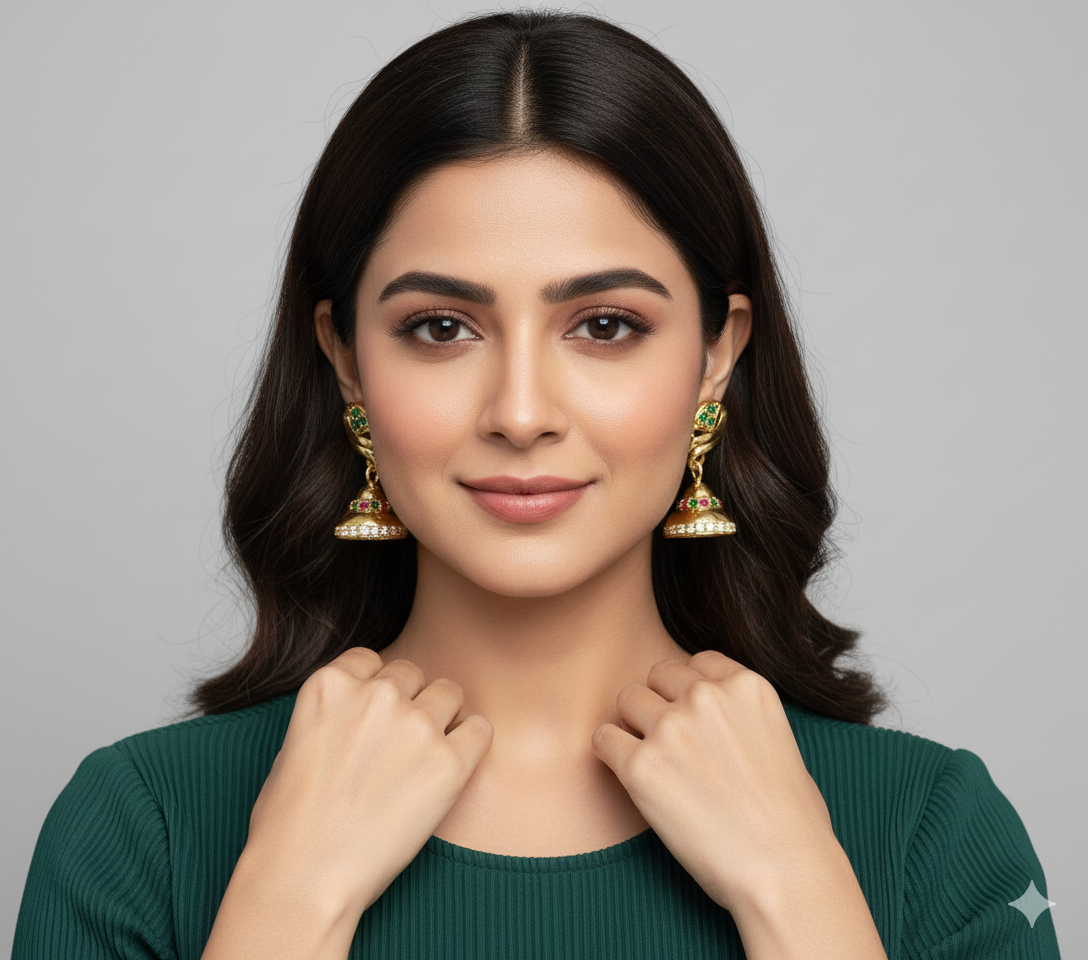 Elegant Gold Tone Jhumka Earrings with Gemstone Accents