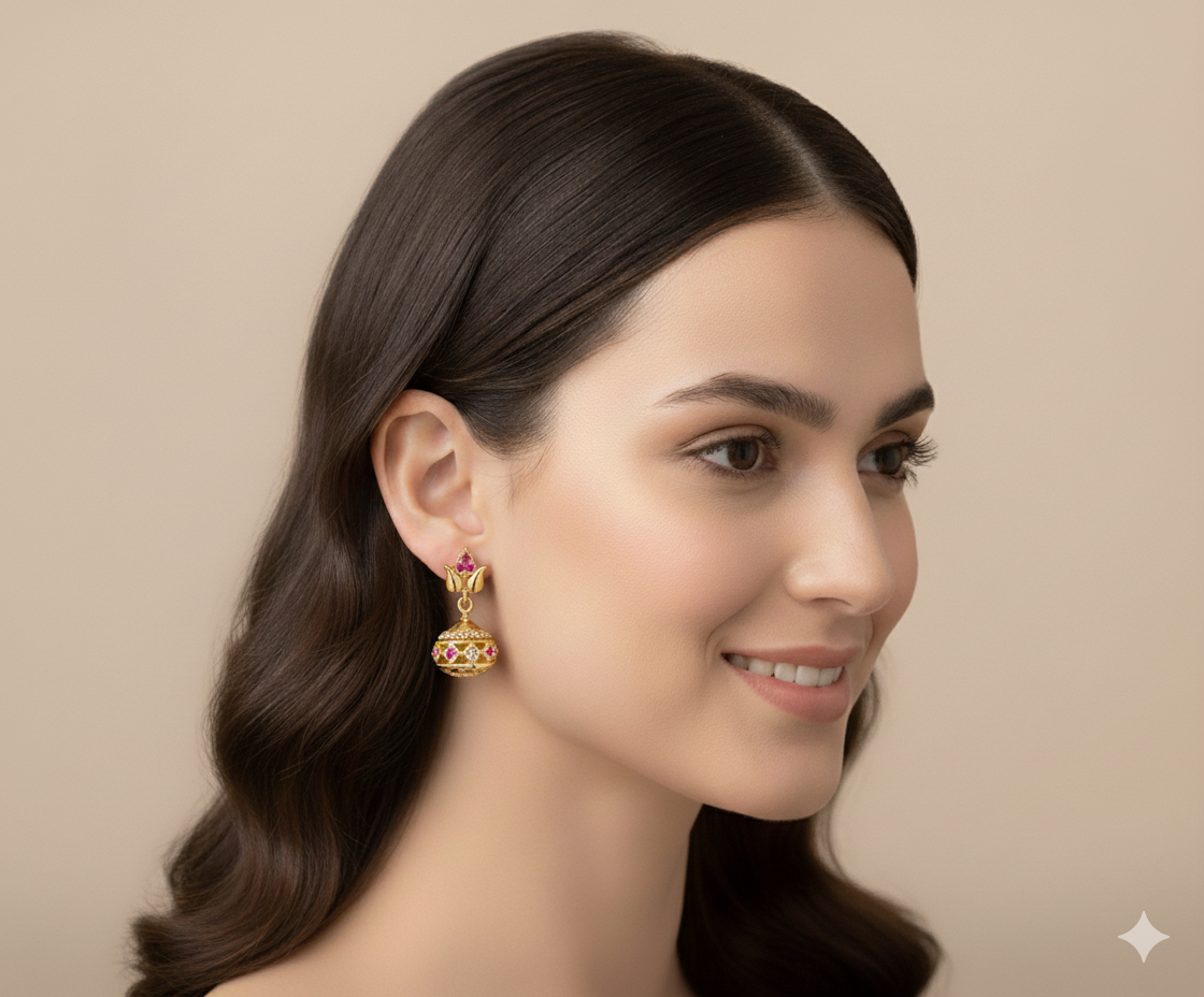 Elegant Gold-Toned Jhumka Earrings with Ruby and Cubic Zirconia Accents