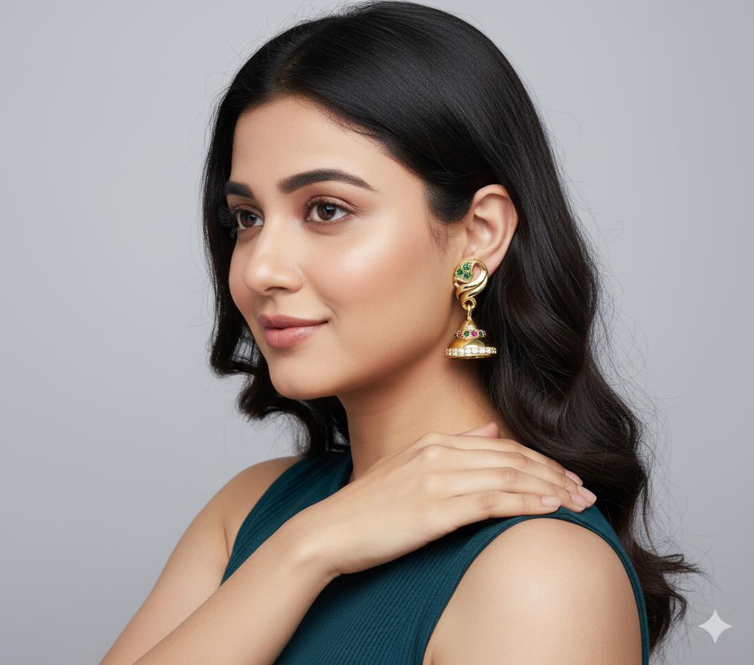 Elegant Gold Tone Jhumka Earrings with Gemstone Accents