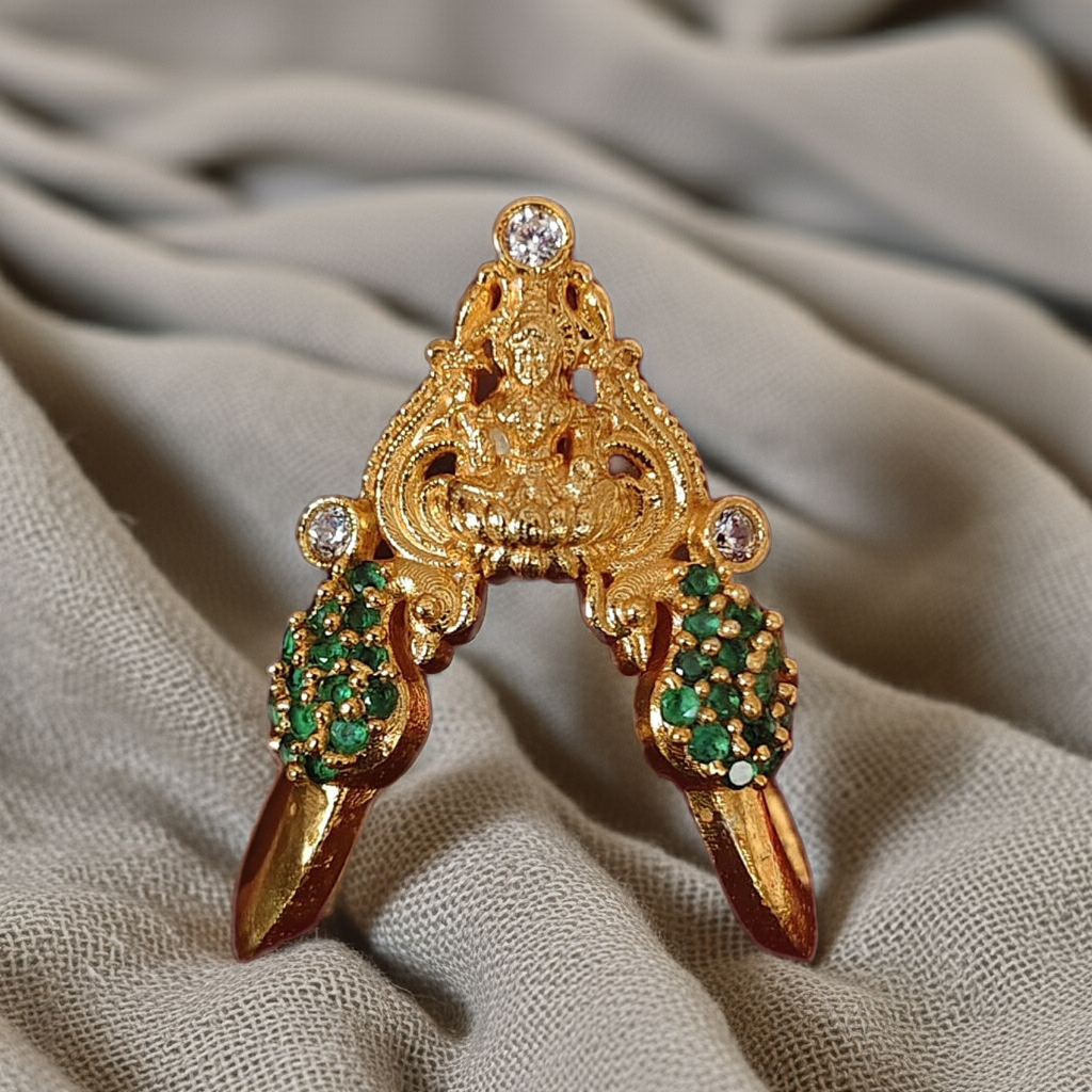 925 Silver Gold Plated Emerald Lakshmi Ring