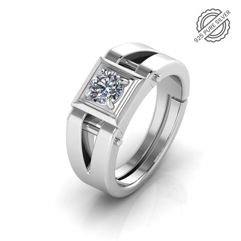 925 Sterling Silver Men's Ring with Bold Cut-Out Design & Solitaire CZ Stones