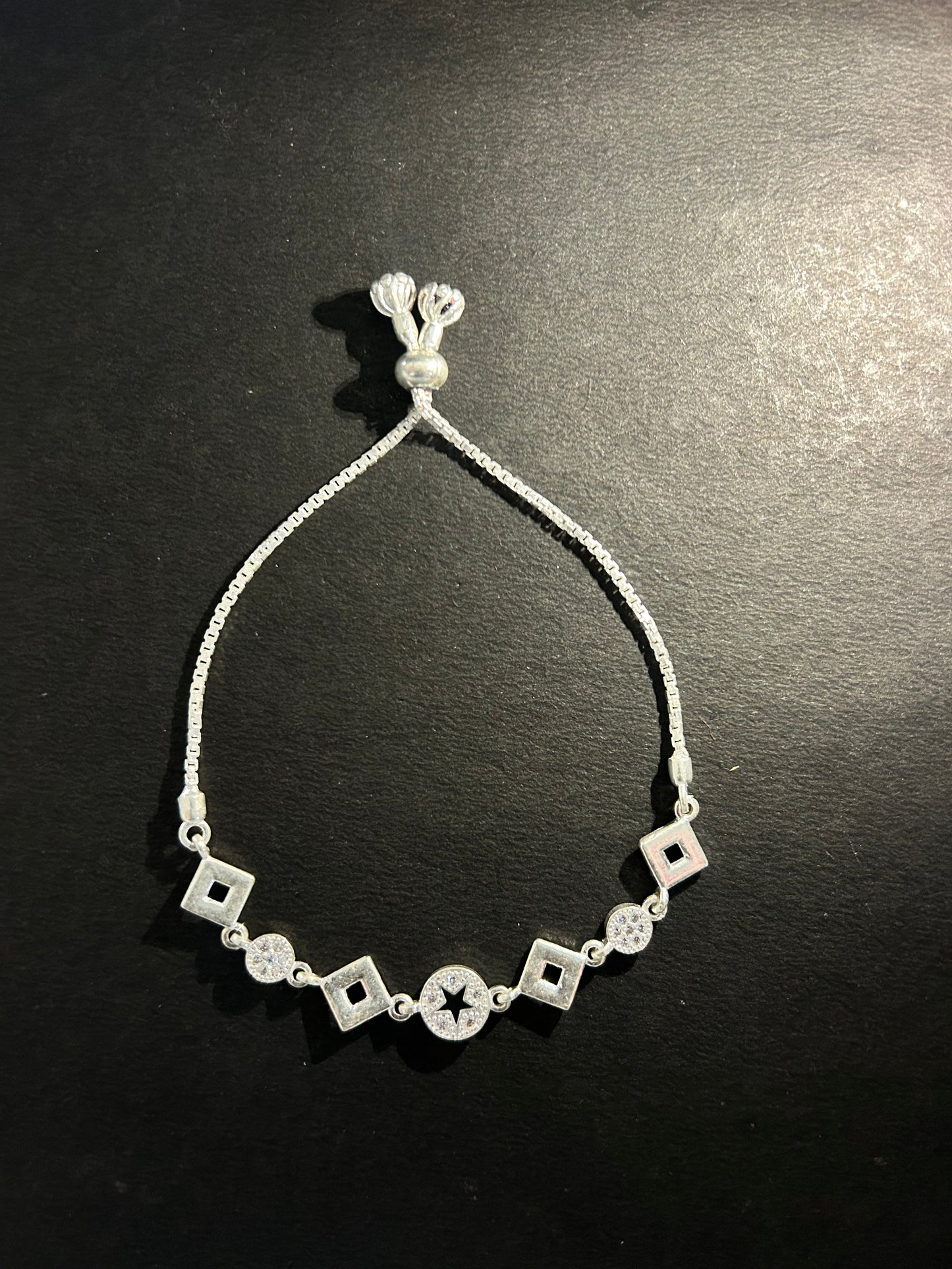 Sparkling Cubic Zirconia Geometric Sterling Silver Adjustable Bolo Bracelet