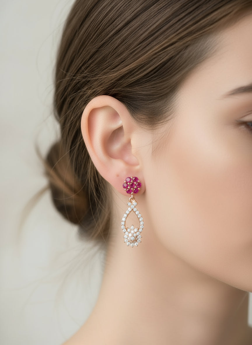 Elegant Rose Gold-Plated CZ & Pink Stone Floral Drop Ear Studs