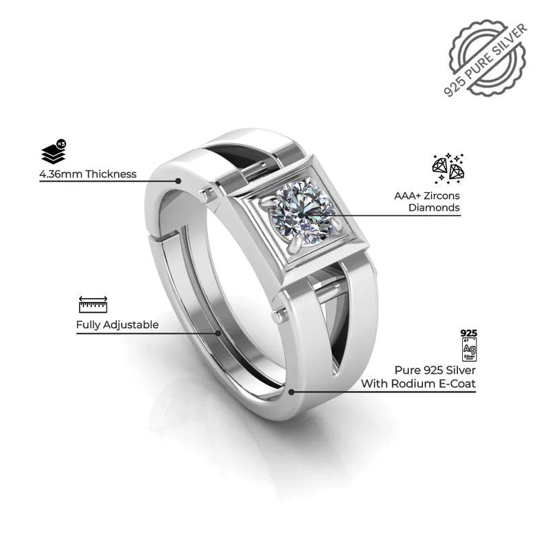 925 Sterling Silver Men's Ring with Bold Cut-Out Design & Solitaire CZ Stones
