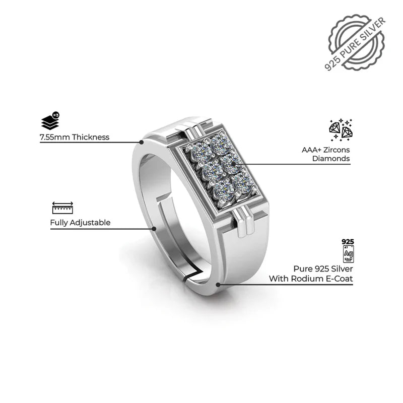 925 Sterling Silver Men's Ring with 9 CZ Stones – Bold Grid Design for Modern Elegance