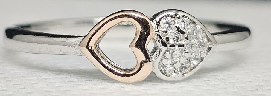 Pure Silver Two-Tone Double Heart Ring with Crystals