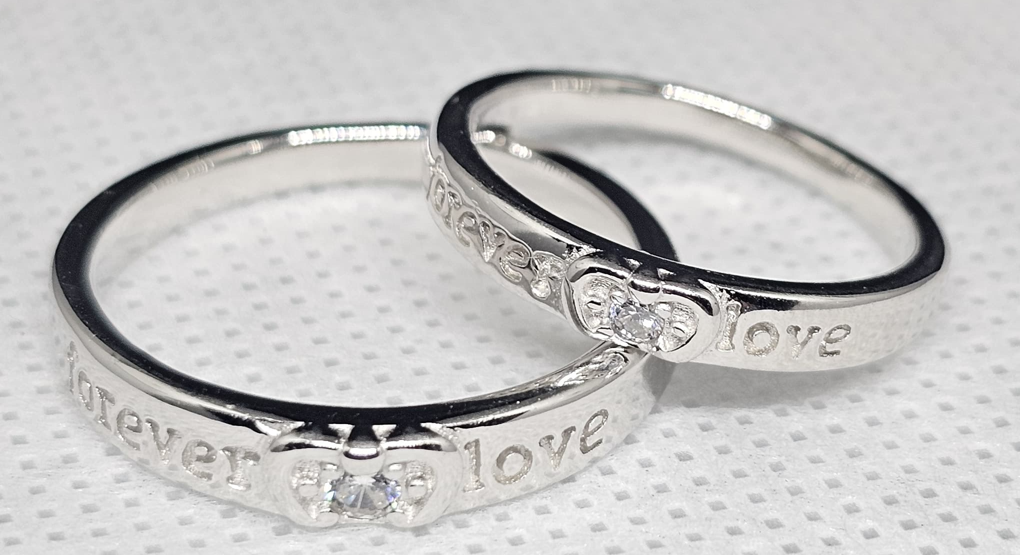 Silver Couple Rings with "Forever Love" Engraving & CZ Stones