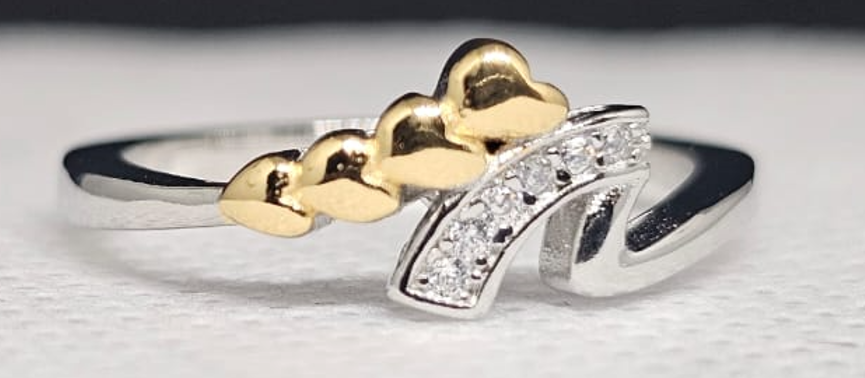 Silver Ring with Gold Heart Detail & CZ Curve - Chic Asymmetrical Design