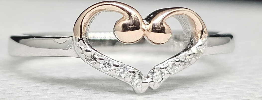 Love Loop" Silver Ring with Rose Gold Heart & CZ Stones