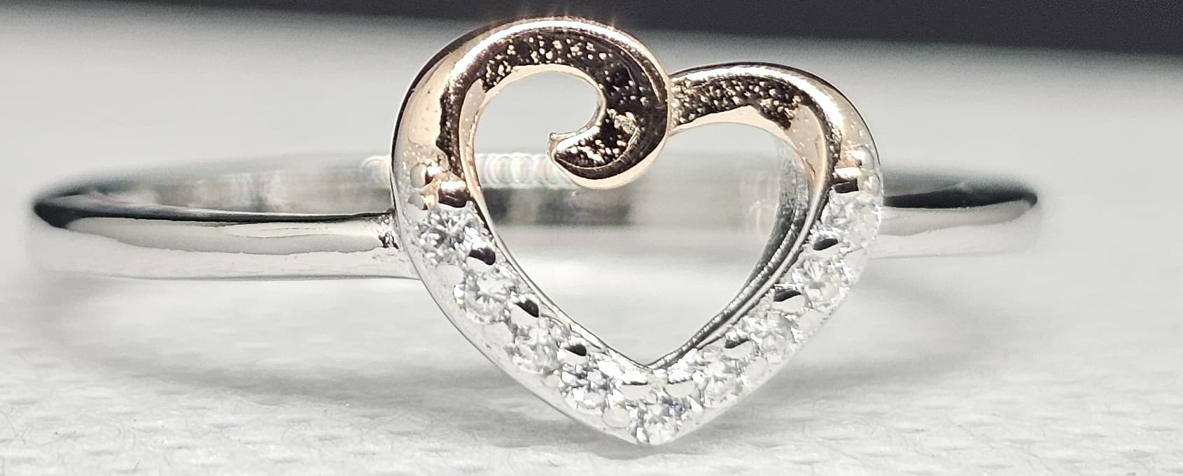 Sterling Silver & Rose Gold Double Heart Ring with Diamond Accents