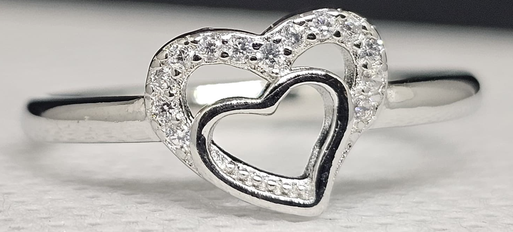 "Heart Within a Heart" Sterling Silver Ring with CZ Pave Edge