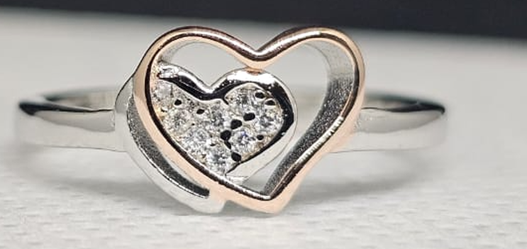 Sterling Silver & Rose Gold Double Heart Ring with CZ Sparkle