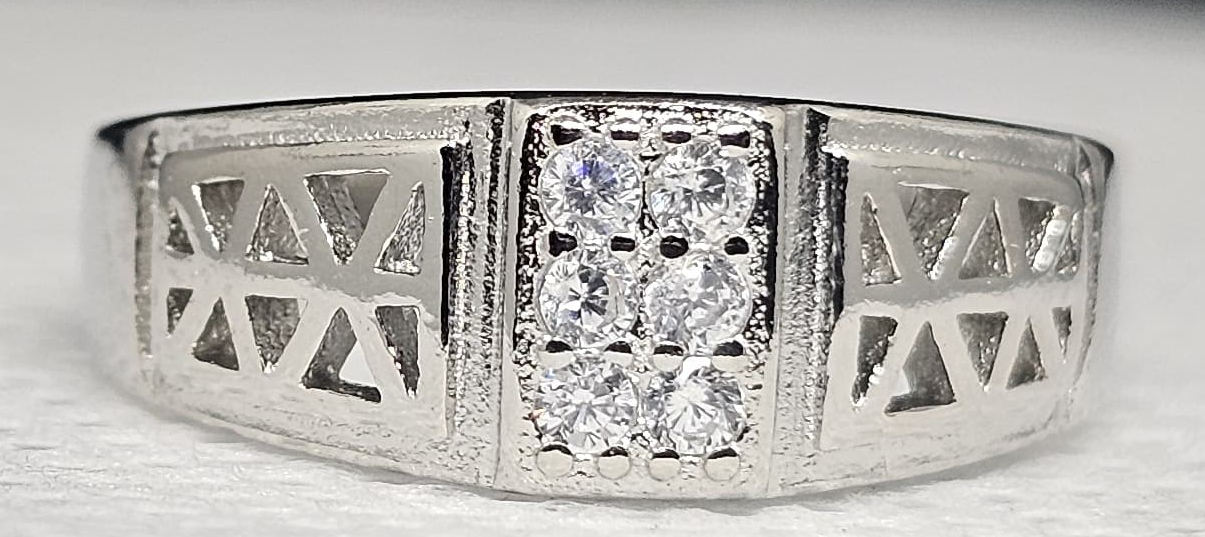Geometric Pattern Sterling Silver Men's Ring with CZ Accents