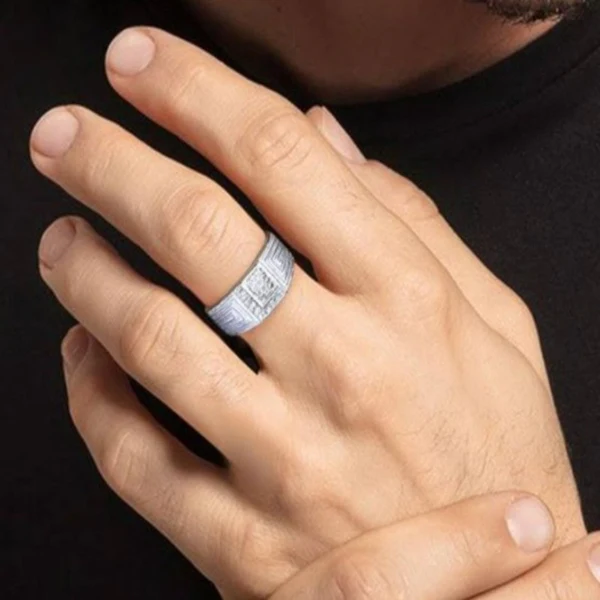 Geometric Pattern Sterling Silver Men's Ring with CZ Accents