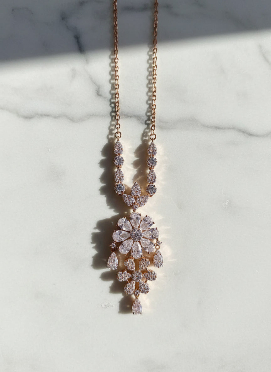 Pure Silver Rose Gold Plated Zirconia Floral Bridal Necklace & Earrings Set