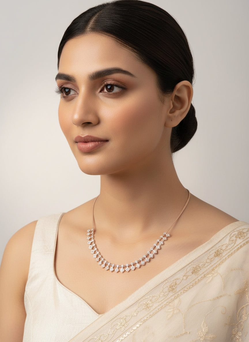 Pure Silver Rose Gold Plated Classic CZ Diamond Double Strand Necklace Set