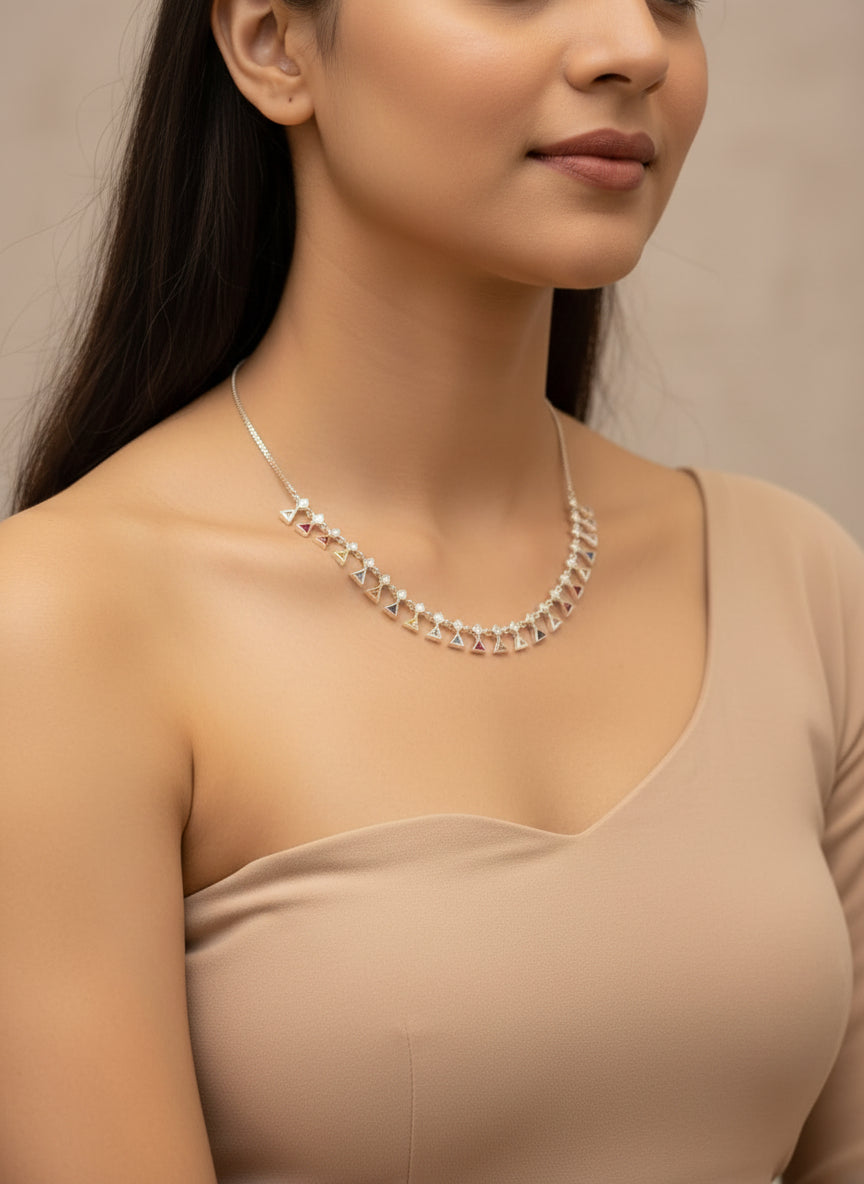 Pure Silver Rose Gold Plated Multi-Colored Geometric CZ Necklace and Earring Set