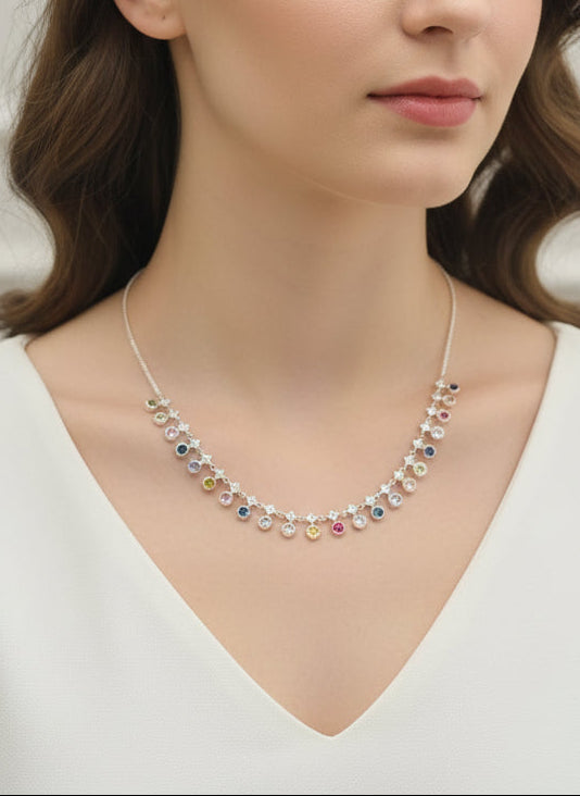 Pure Silver Rose Gold Plated Multi-Color CZ Festive Drop Necklace and Earring Set