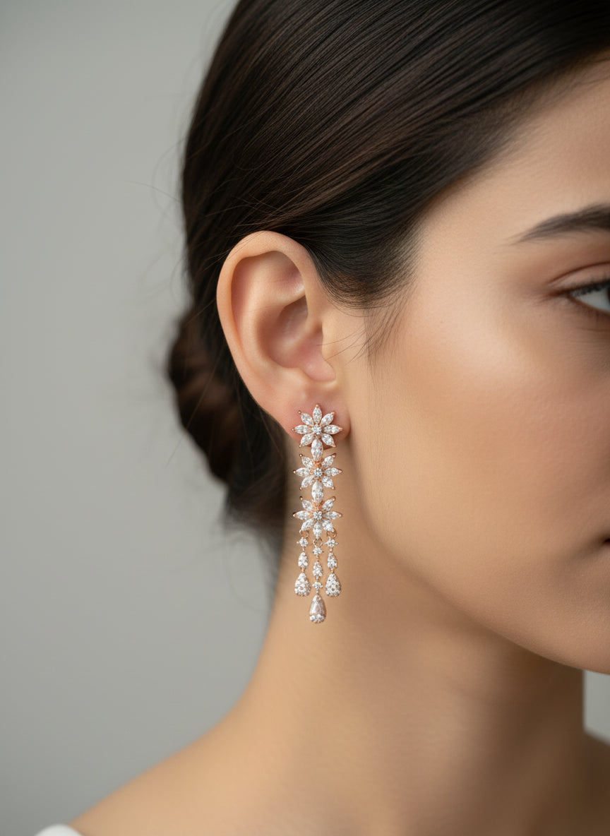 Pure Silver Rose Gold Plated Crystal Tassel Necklace & Dangler Set