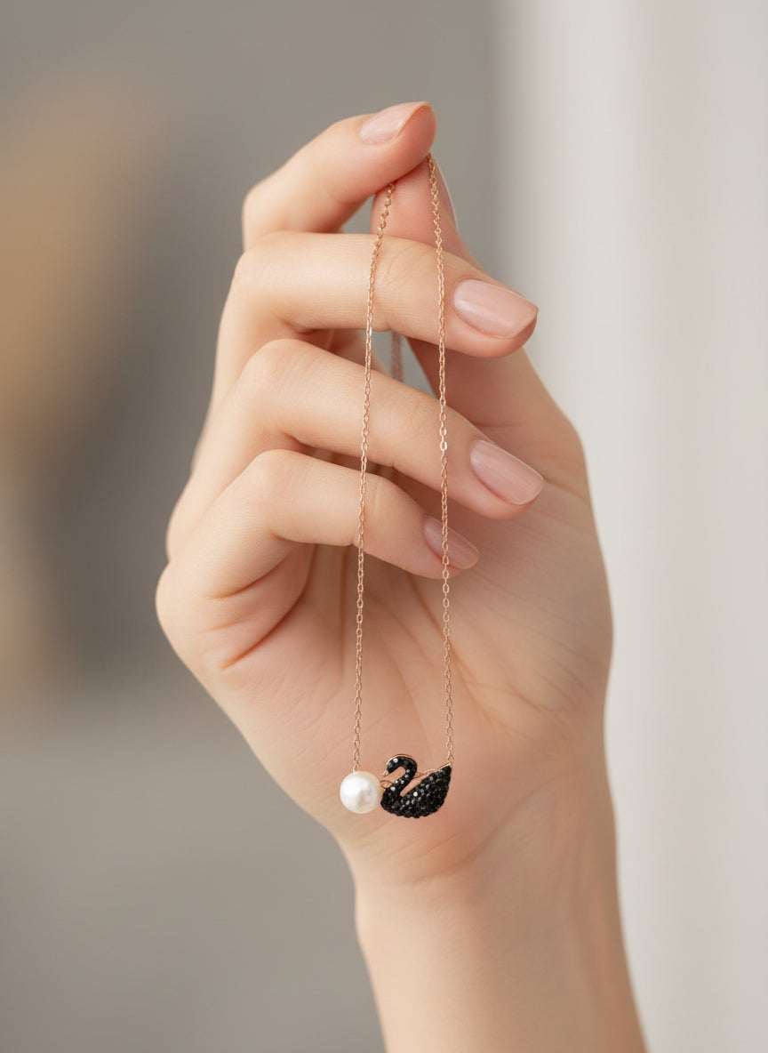 Pure SIlver Rose Gold Plated Black CZ Swan Pendant Necklace with Pearl