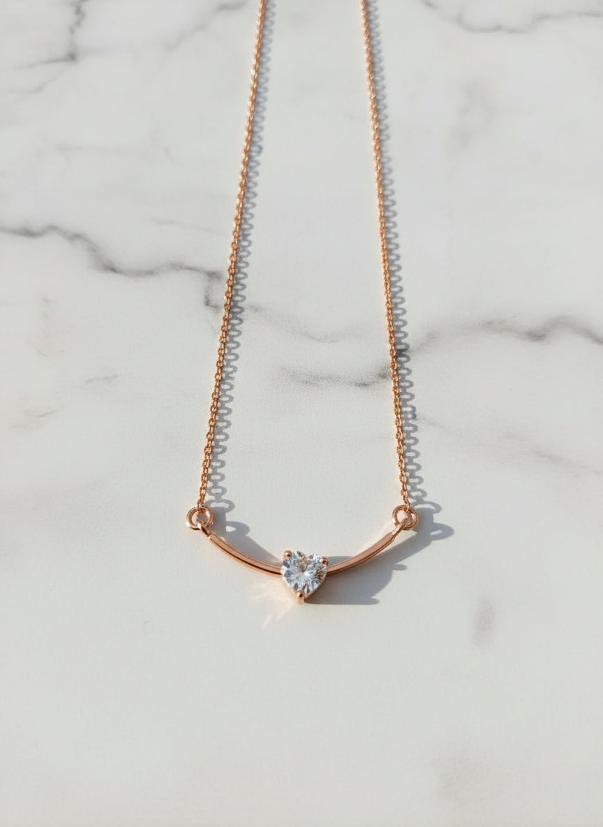 Pure SIlver Delicate Rose Gold Plated Heart Solitaire Bar Necklace