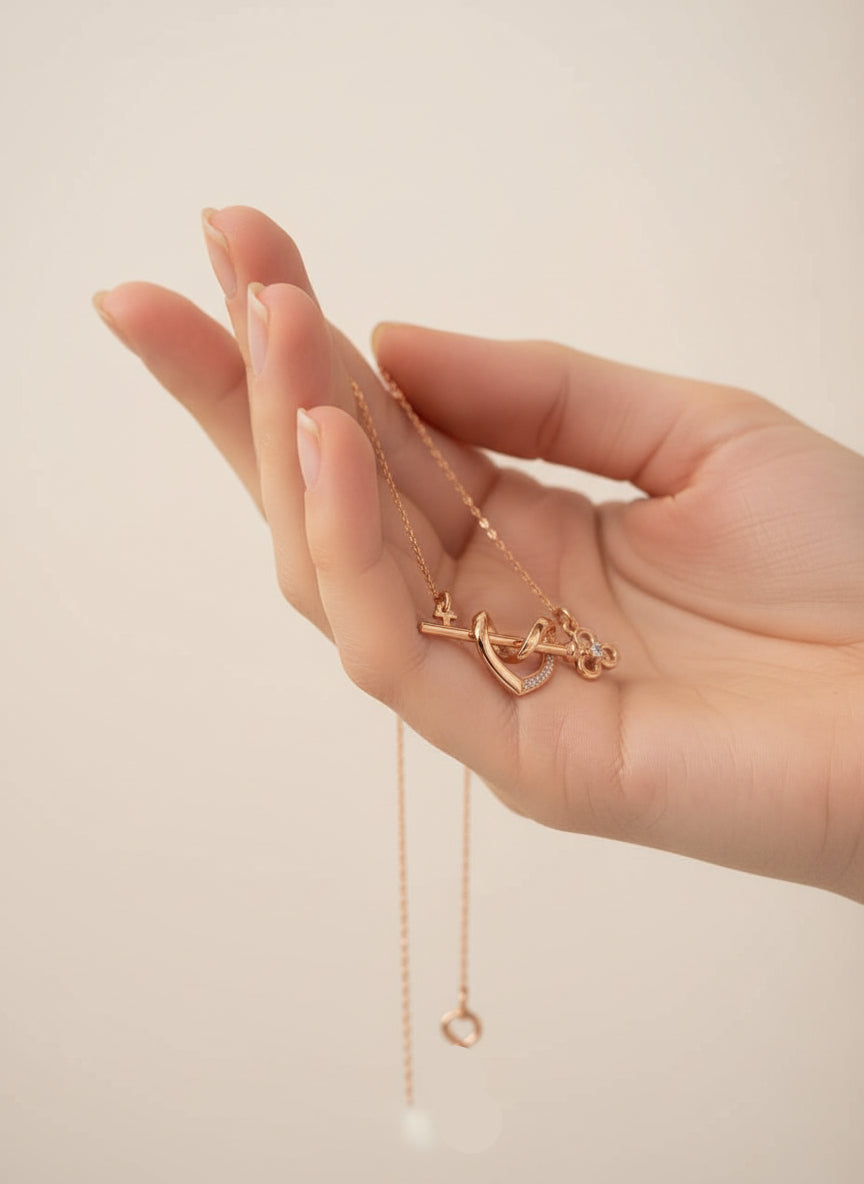 Pure Silver Rose Gold Plated Heart Key Flower CZ Diamond Charm Necklace