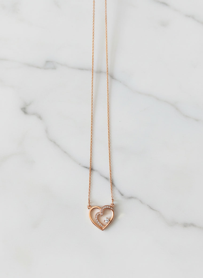 Rose Gold Plated Nested Heart Solitaire CZ Pendant Necklace