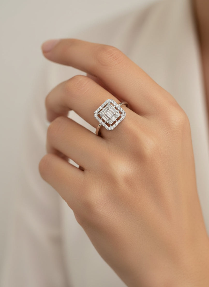 Pure Silver Luxury Emerald Cut CZ Diamond Statement Necklace, Earrings & Ring Set