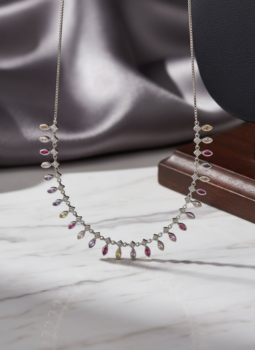 Pure Silver Multi-Color Marquise CZ Garland Necklace & Dangle Earring Set