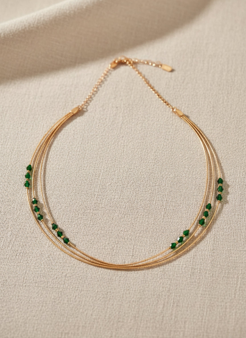 Pure Silver Gold Plated Chain Necklace with Emerald Green Crystal Beads