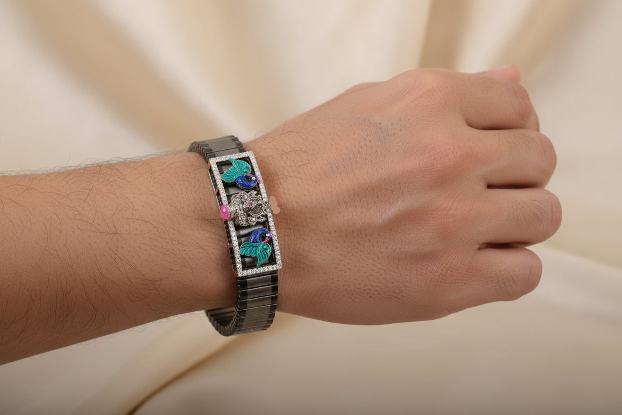 Pure Silver & Black PVD Lakshmi Peacock Heritage Bracelet