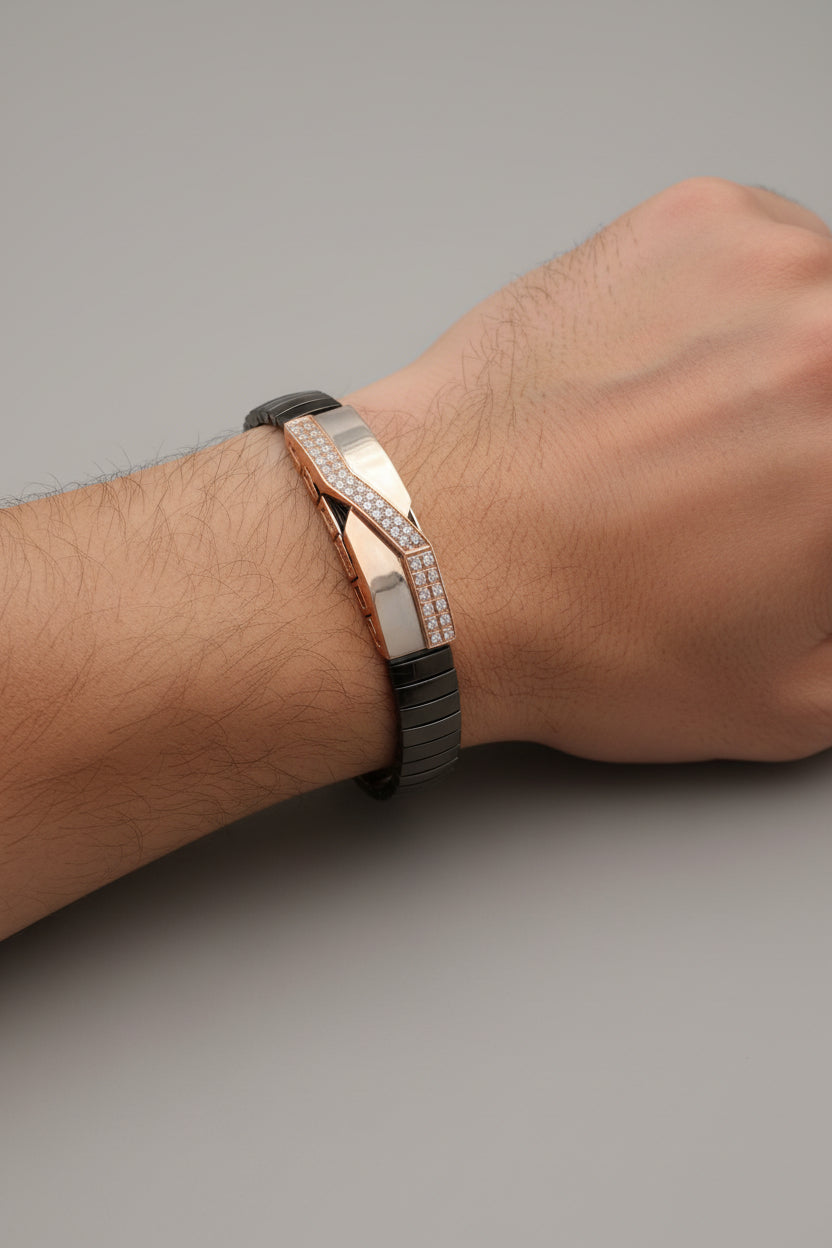 Pure Silver Artisan Gold Pave Floral Mesh Cuff Bracelet