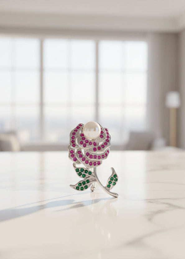 925 Sterling Silver Crystal Rose & Pearl Studs