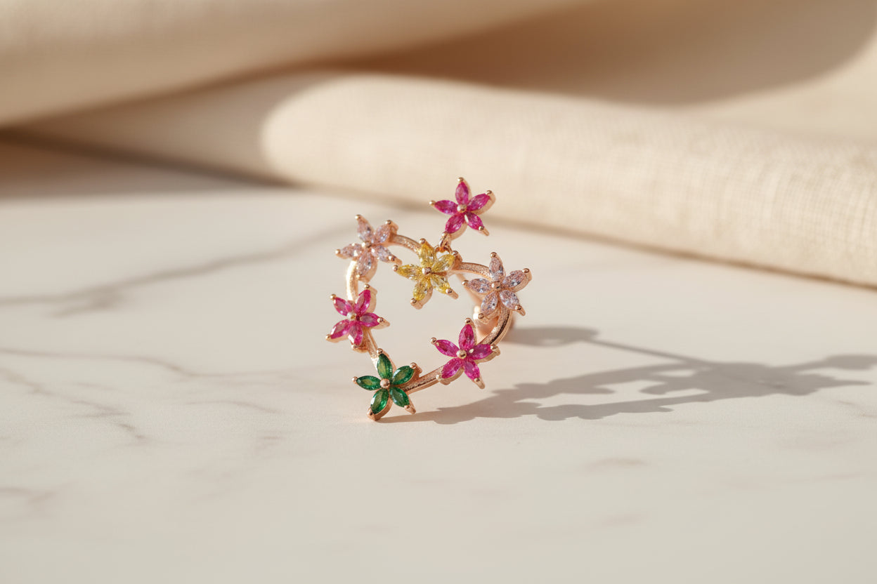 92.5 Sterling Silver Rose Gold Floral Heart Stud