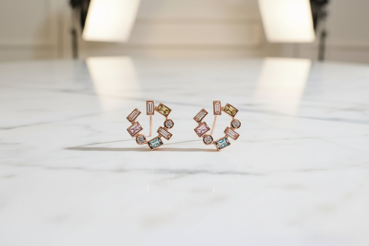 92.5 Sterling Silver Rose Gold Mosaic Earrings