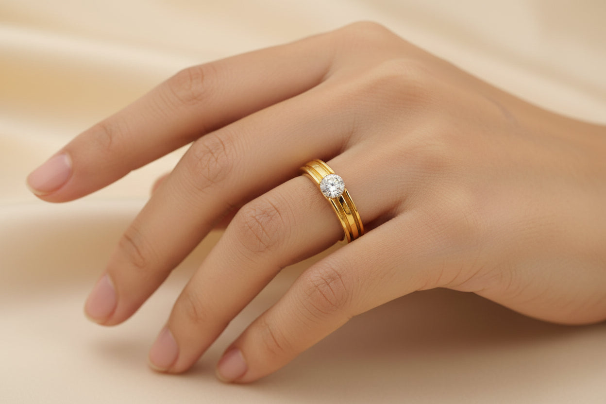 Luxury 92.5 Sterling Silver Gold Coated Linear Ribbed Solitaire Ring