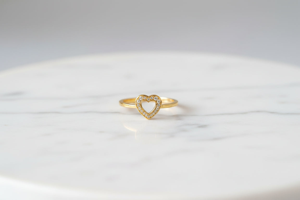 Pure 92.5 Silver Gold Coated Crystal Open-Heart Dainty Ring