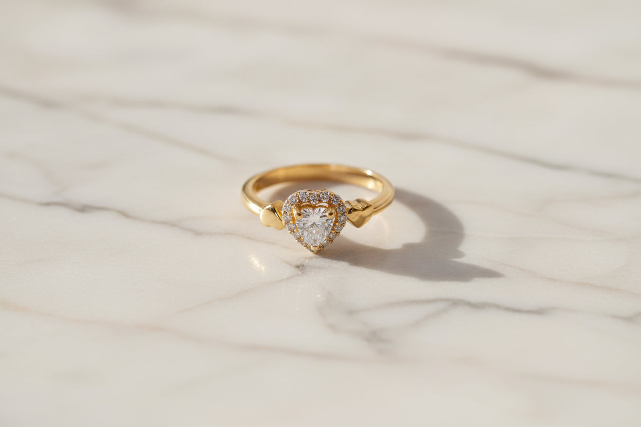 Luxury 92.5 Sterling Silver Gold Coated Heart Halo Solitaire Ring