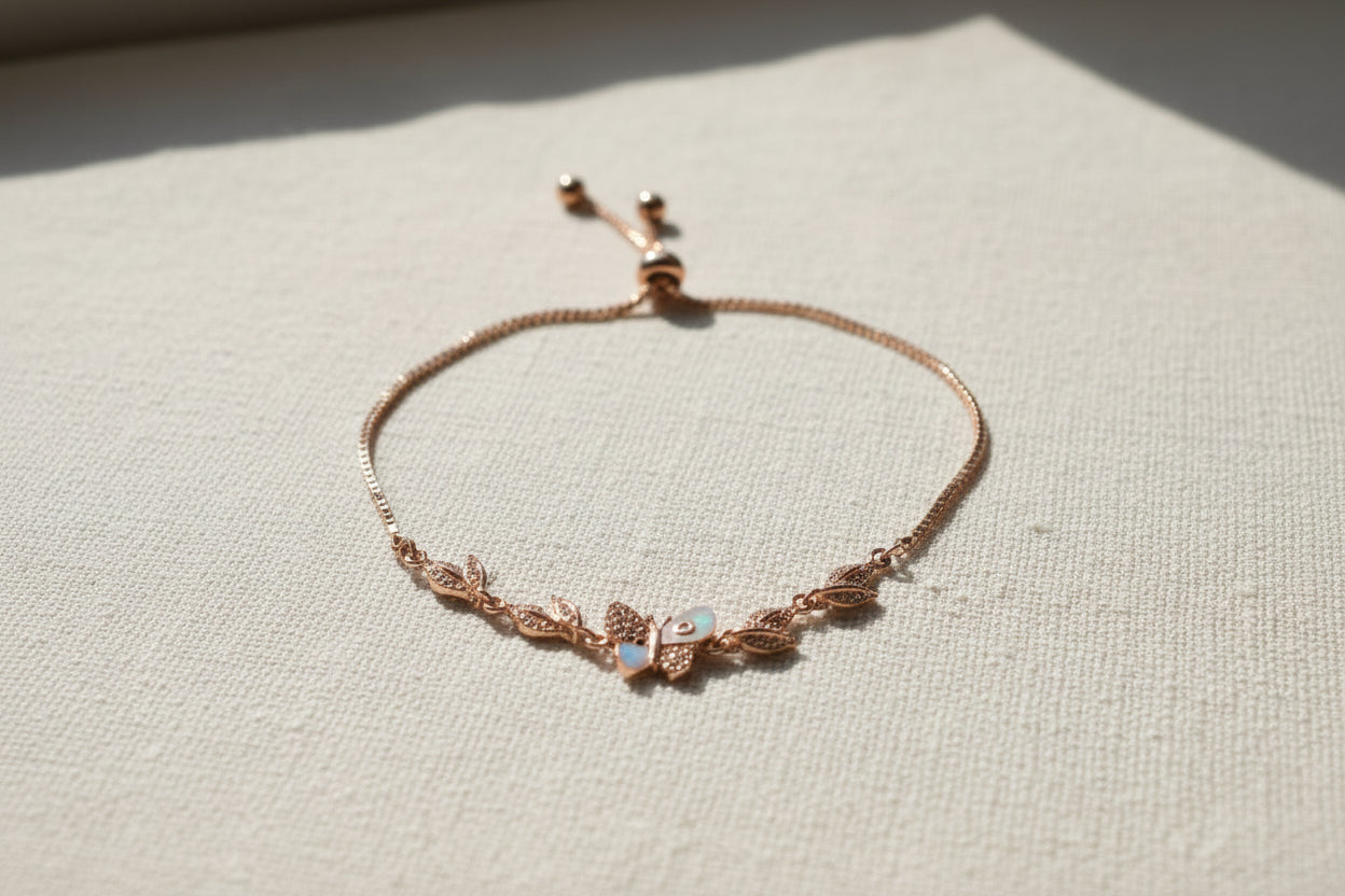 92.5 Sterling Silver Butterfly & Leaf adjustable Bracelet